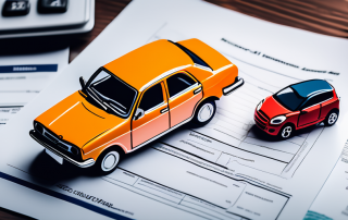 Versicherungsdokumente mit Spielzeugauto als Symbol fuer Kfz-Versicherung, mit Fokus auf Details und Kleingedrucktes.