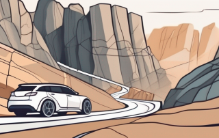 A car driving on a winding road surrounded by rocky cliffs