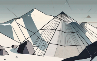 A mountain landscape with falling rocks and a protective net installed on the slope to prevent rockfall