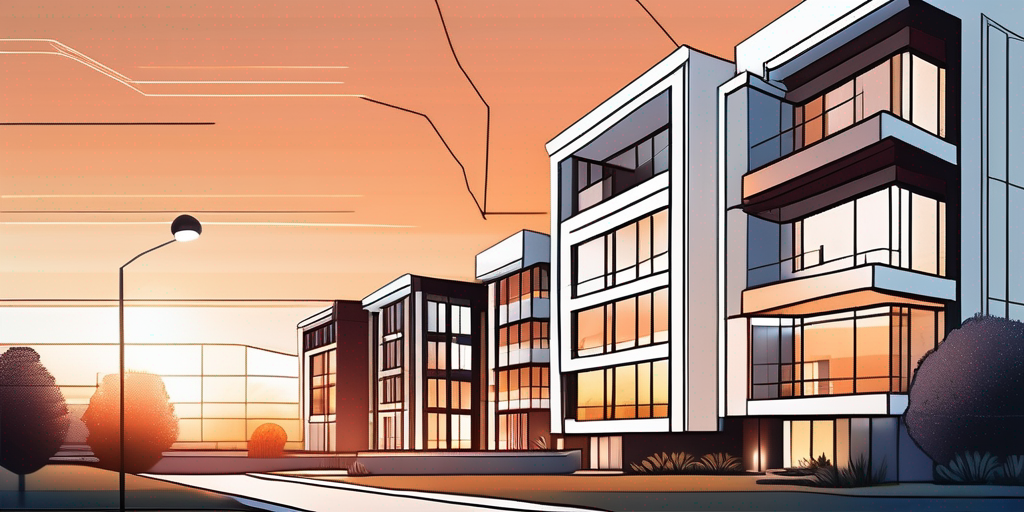 Modernes Wohngebaeude bei Sonnenuntergang mit warmem Licht, das architektonische Details betont, in ruhiger Nachbarschaft als Symbol fuer Immobilienverkaufspotenzial trotz Hypothekenherausforderungen.