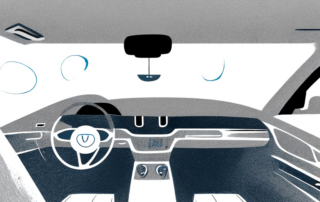 An open car interior with visible damp spots and a dehumidifier placed inside to depict the drying process