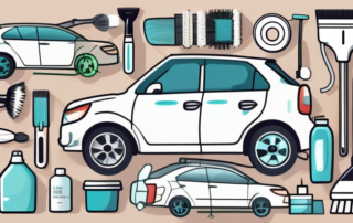 A car surrounded by various cleaning tools and products