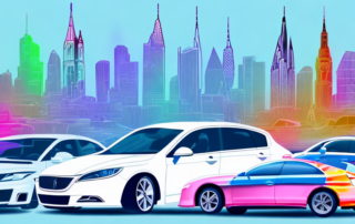 A variety of cars with different sleek and colorful vinyl wraps parked in front of recognizable frankfurt landmarks
