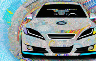 A car adorned with various creative and unique decals and stickers