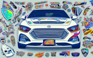 A car adorned with various unique and creative stickers