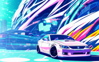 A car with a vibrant anime-themed vinyl wrap