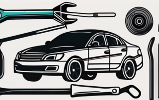 A car with a visible scratch on its side and a set of car repair tools nearby