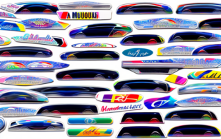 A variety of colorful and unique car bumper stickers placed on the rear end of a sleek car