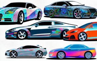 A variety of cars with different creative and unique foil wrap designs in a variety of colors and patterns