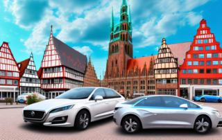 A variety of cars with different colorful and sleek foil wraps parked in front of recognizable landmarks in bremen
