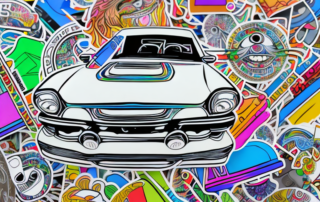 A car adorned with various colorful and creative stickers