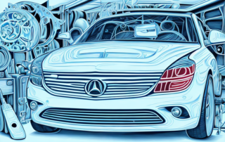 A car in a workshop with various tools and equipment for auto paint restoration