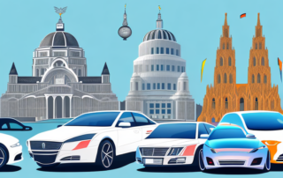 Various cars with different types of foil wraps parked in front of iconic landmarks of essen