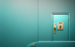 A door covered in shiny turquoise chrome foil