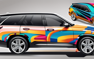 A sleek suv with half of it showing the original paint and the other half covered in a vibrant