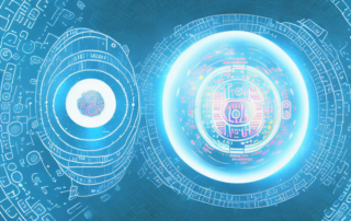 Two smartphones exchanging encrypted messages represented by a stream of glowing