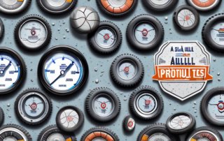 A set of all-weather tires with a pressure gauge attached to one of them