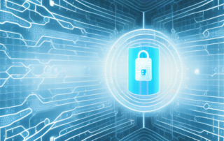 A digital lock on a computer screen surrounded by streams of binary code