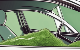 A car window partially covered in moss