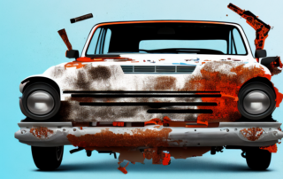 A car with visible rust being transformed into a newly painted car