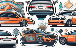 A rear car window showcasing a variety of unique and stylish tuning stickers