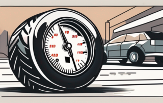 A car tire with a pressure gauge attached