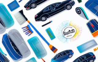 A car dashboard with visible scratches and a set of cleaning tools nearby