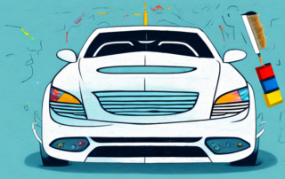 A car in a professional garage setting with various painting tools and equipment