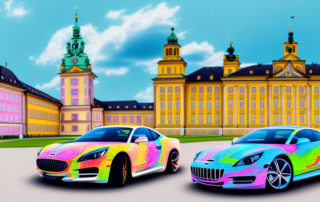 A few different types of cars with various colorful wraps parked in front of ludwigsburg's landmarks