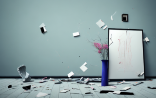 A broken vase on the floor of a beautifully decorated living room