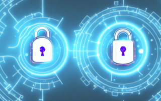 Two smartphones exchanging encrypted data represented by glowing particles