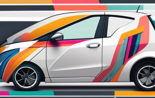 A car half covered in a colorful vinyl wrap