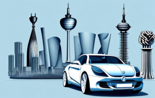 A car being detailed and polished in a workshop with recognizable landmarks of düsseldorf