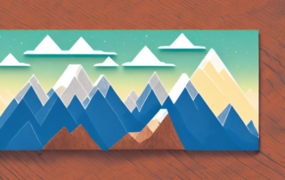 A variety of colorful mountain stickers scattered on a wooden table