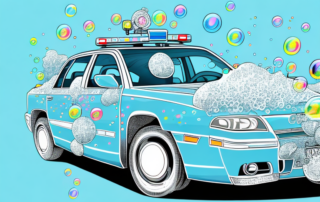 A car surrounded by soap bubbles with a police car in the background