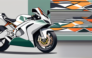 A motorcycle with different colored and patterned vinyl wraps