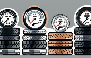 Different types of car tires with a pressure gauge