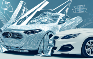 A car getting a professional foil wrap in a workshop setting