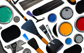 Several car repair tools and a car with a minor paint damage