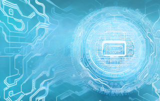 A digital world with streams of encrypted code flowing from one device to another