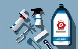 A dm brand upholstery cleaner bottle next to a car seat with a visible clean spot