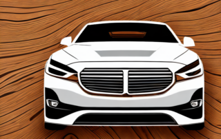 A sleek car with a wood grain finish parked in an elegant setting to highlight the stylish look of the wood-like auto wrap