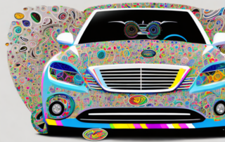 A car decorated with various unique and colorful stickers