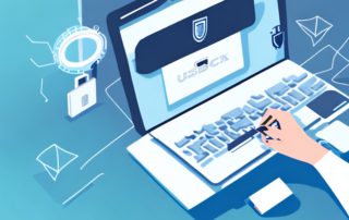 A usb stick being inserted into a computer with a protective shield symbol overlaying it