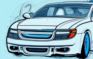 A professional car painting workshop with various tools and a car being painted