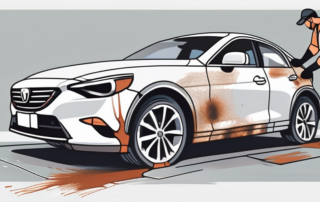 A car with a visible paint scratch being repaired with professional tools and products