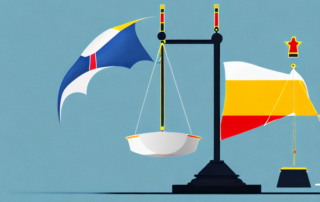 A scale balancing a german flag on one side and a symbol of insurance (like an umbrella or shield) on the other