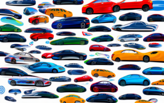 Several cars with different styles of company stickers placed on them