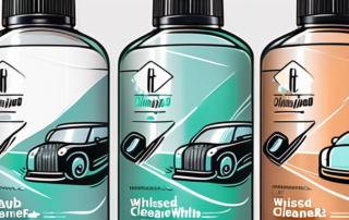 Several top-rated windshield cleaner bottles lined up on a car hood