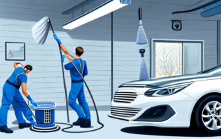 A car being detailed and polished in a well-equipped garage